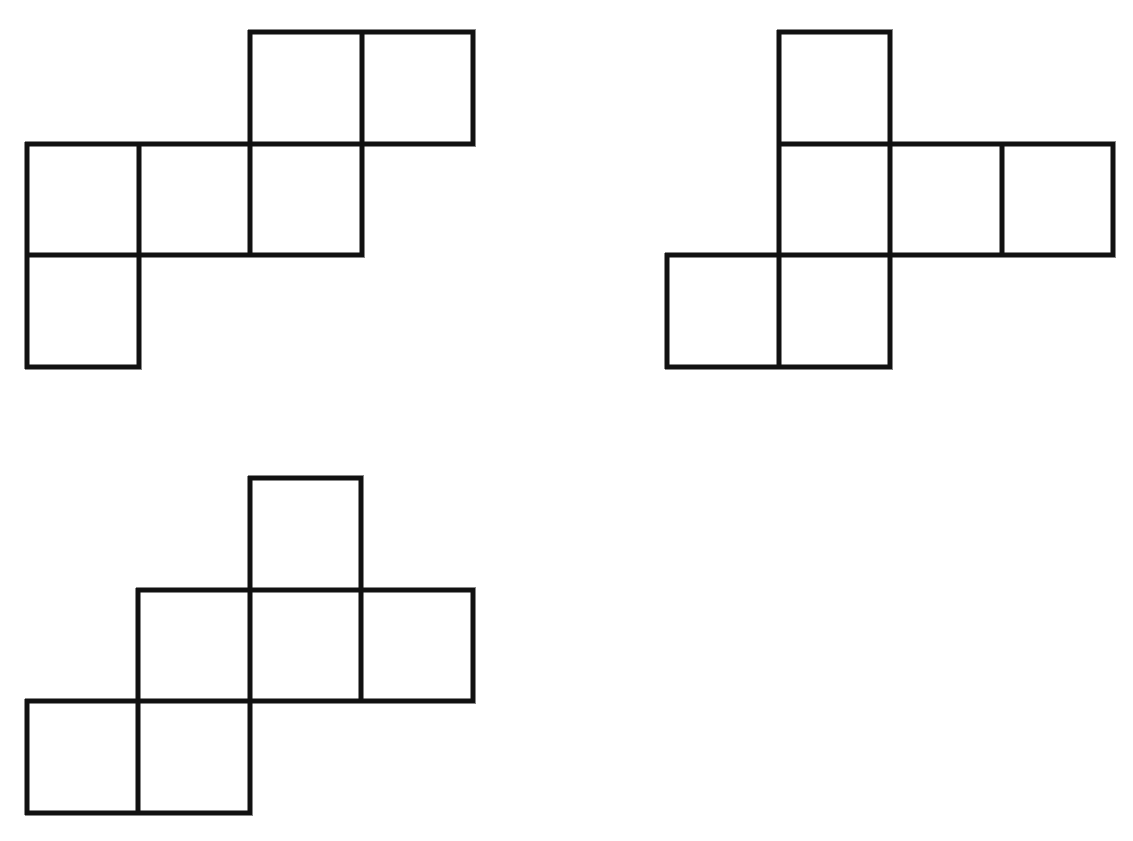 A cube has 11 possible net structures in total. In this count, two nets are considered the same if one can be obtained from the other by a rotation or a flip (for example, the nets shown below are all considered the same). Find all the 11 nets of a cube. Exploring Some Geometric Themes, NCERT Class 8 Ganita Prakash Mathematics CBSE Solutions.