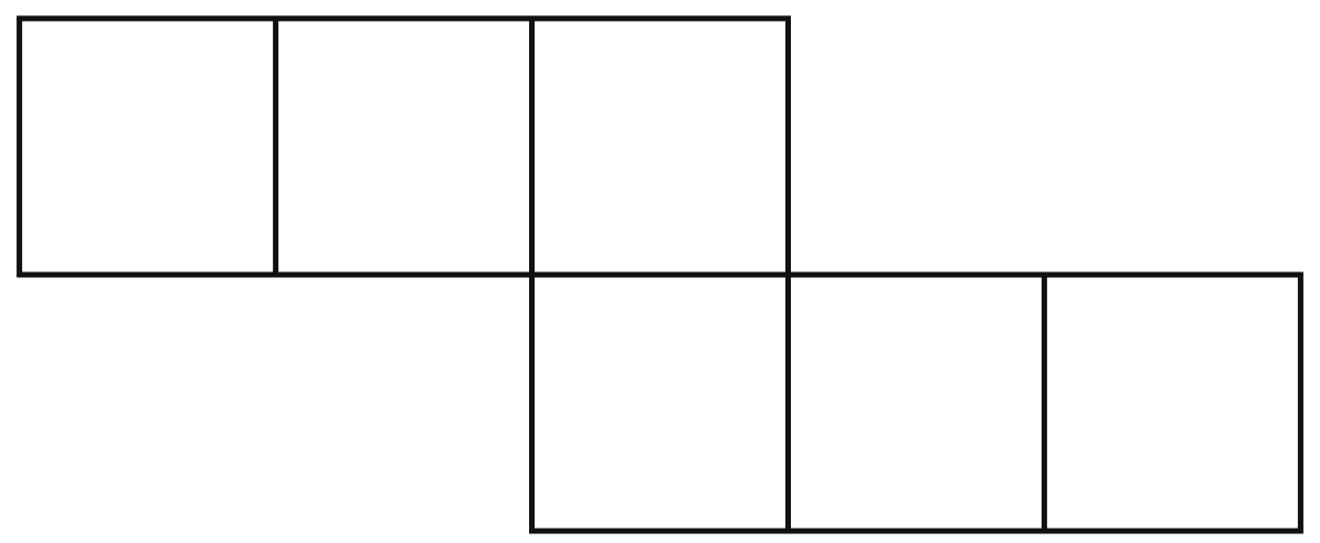 A cube has 11 possible net structures in total. In this count, two nets are considered the same if one can be obtained from the other by a rotation or a flip (for example, the nets shown below are all considered the same). Find all the 11 nets of a cube. Exploring Some Geometric Themes, NCERT Class 8 Ganita Prakash Mathematics CBSE Solutions.