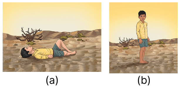 Fig. 6.23 a shows a boy lying horizontally, and Fig. 6.23 b shows the boy standing vertically on a loose sand bed. In which case does the boy sink more in sand? Give reasons. Pressure, Winds, Storms, and Cyclones, NCERT Class 8 Science CBSE Solutions.
