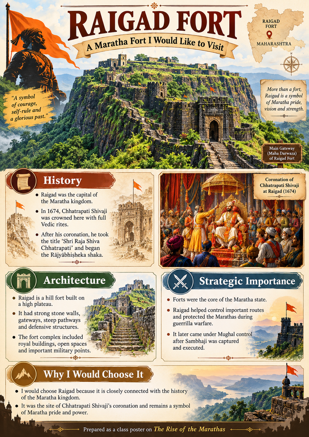 If you could visit one Maratha fort today (such as Raigad, Sindhudurg, Gingee, or Pratapgad), which would you choose and why? Research its history, architecture, and strategic importance. Present your findings as a digital presentation or a poster in class. The Rise of the Marathas, CBSE Class 8th NCERT Social Science Solutions.