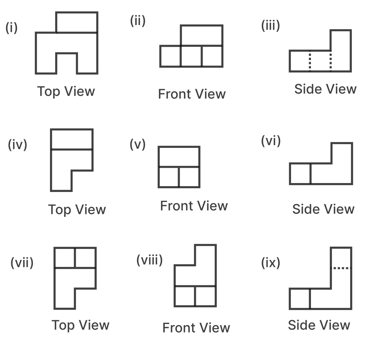 Using identical cubes, make a solid that gives the following projections. Exploring Some Geometric Themes, NCERT Class 8 Ganita Prakash Mathematics CBSE Solutions.