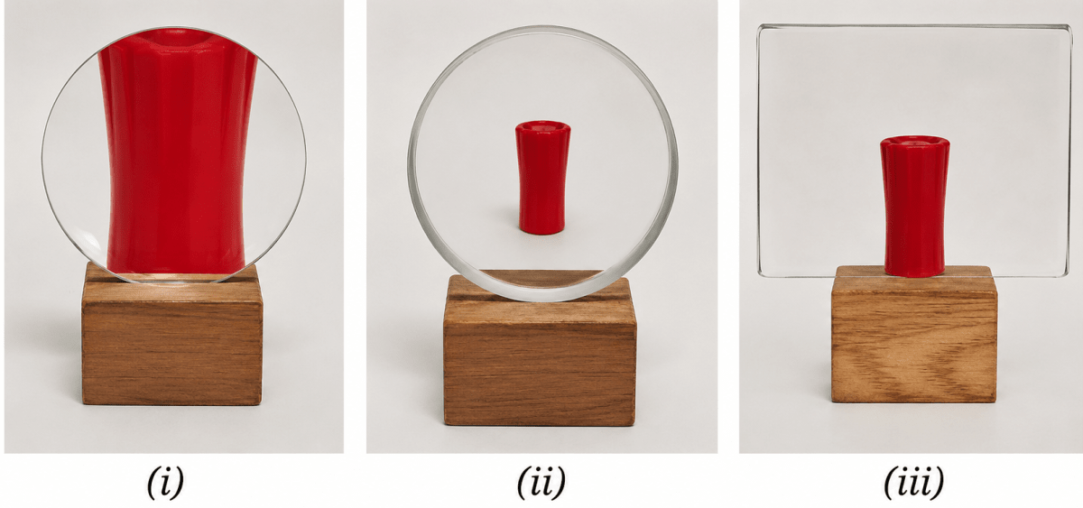 In Fig. 10.24, the cap of a sketch pen is placed behind a convex lens, a concave lens, and a flat transparent glass piece — all at the same distance. Light: Mirrors and Lenses, NCERT Class 8 Science CBSE Solutions.