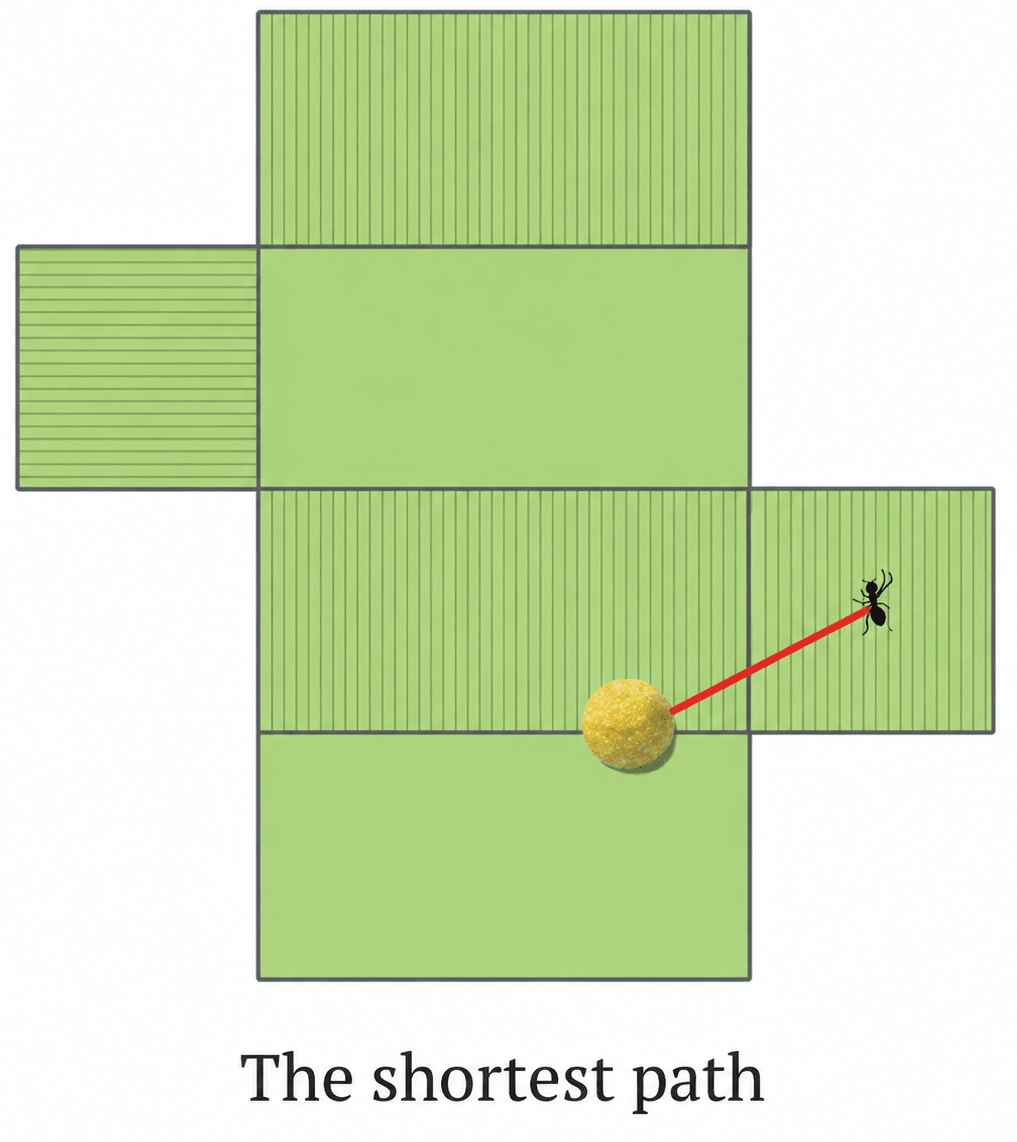 Find the shortest path between the ant and the laddu in the following case. Exploring Some Geometric Themes, NCERT Class 8 Ganita Prakash Mathematics CBSE Solutions.