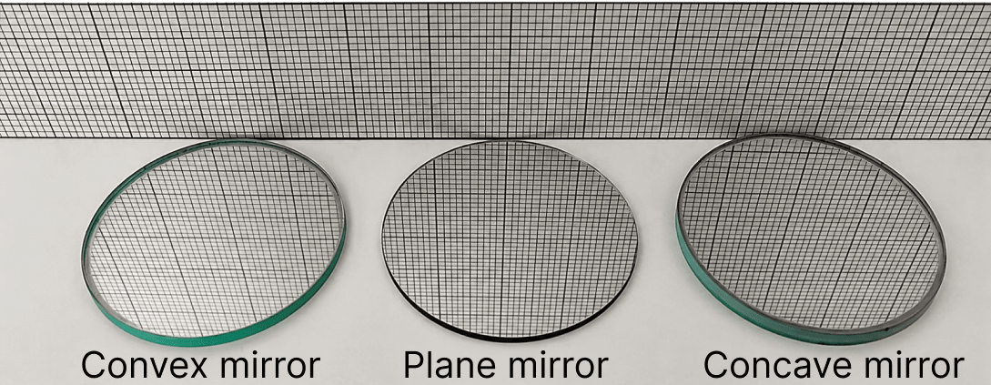 Three mirrors—plane, concave and convex are placed in Fig. 10.25. On the basis of the images of the graph sheet formed in the mirrors, identify the mirrors and write their names above the mirrors. Light: Mirrors and Lenses, NCERT Class 8 Science CBSE Solutions.