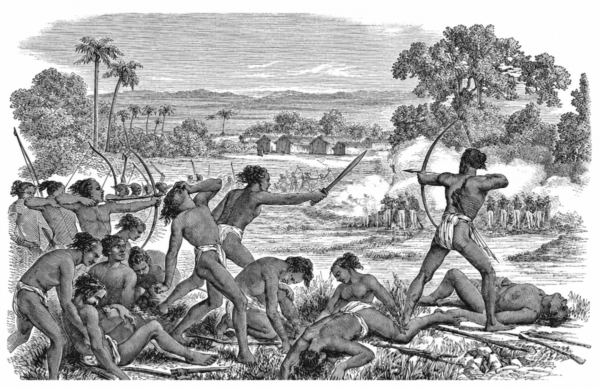 Note how the Santhals are depicted in the 1856 sketch (Fig. 4.17) drawn from an artists imagination: observe their complexion, dress, weapons and draw your conclusions as regards the image this depiction would create in the popular mind in Britain. The Colonial Era in India, CBSE Class 8th NCERT Social Science Solutions.