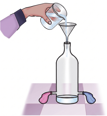 What will happen to the two identical balloons A and B as shown in Fig. 6.24 when water is filled into the bottle up to a certain height? Will both the balloons bulge? If yes, will they bulge equally? Explain your answe. Pressure, Winds, Storms, and Cyclones, NCERT Class 8 Science CBSE Solutions.