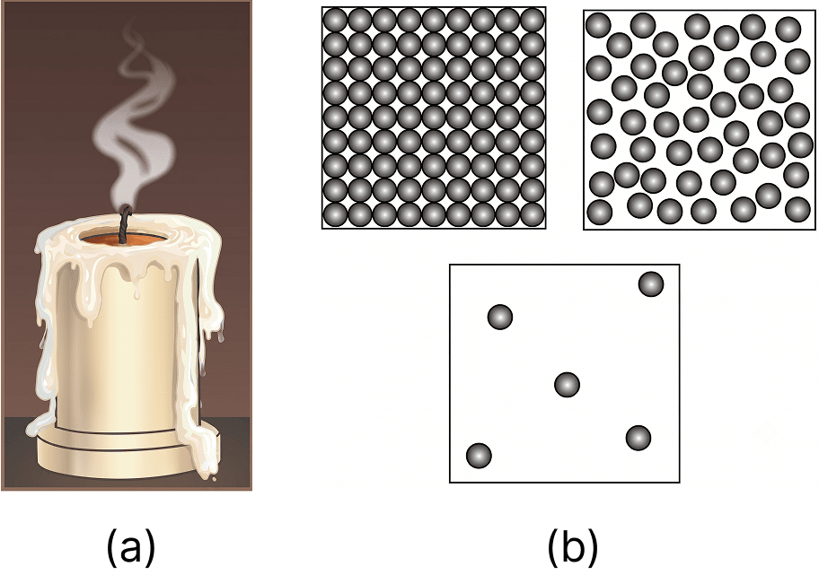 Observe Fig. 7.16a which shows the image of a candle that was just extinguished after burning for some time. Identify the different states of wax in the figure and match them with Fig. 7.16b showing the arrangement of particles. Particulate Nature of Matter, NCERT Class 8 Science CBSE Solutions.