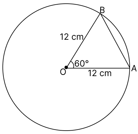 In a circle with centre O, the central angle AOB is 60°. If the radius of the circle is 12 cm, what is the length of the chord AB? I’m Up and Down, and Round and Round, Solutions for Class 9 NCERT Ganita Manjari Mathematics CBSE