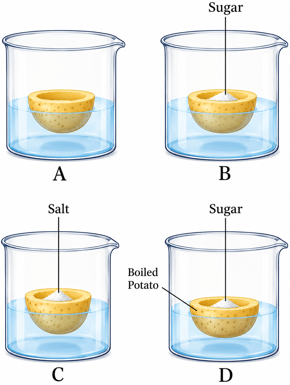 Take four peeled potato halves and scoop each one out to make potato cups. One of these potato cups should be made from a boiled potato. Place each of the potato cups in a beaker containing water (Fig. 2.22). Now, set up the experiment as follows. NCERT Class 9 Science CBSE Solutions.