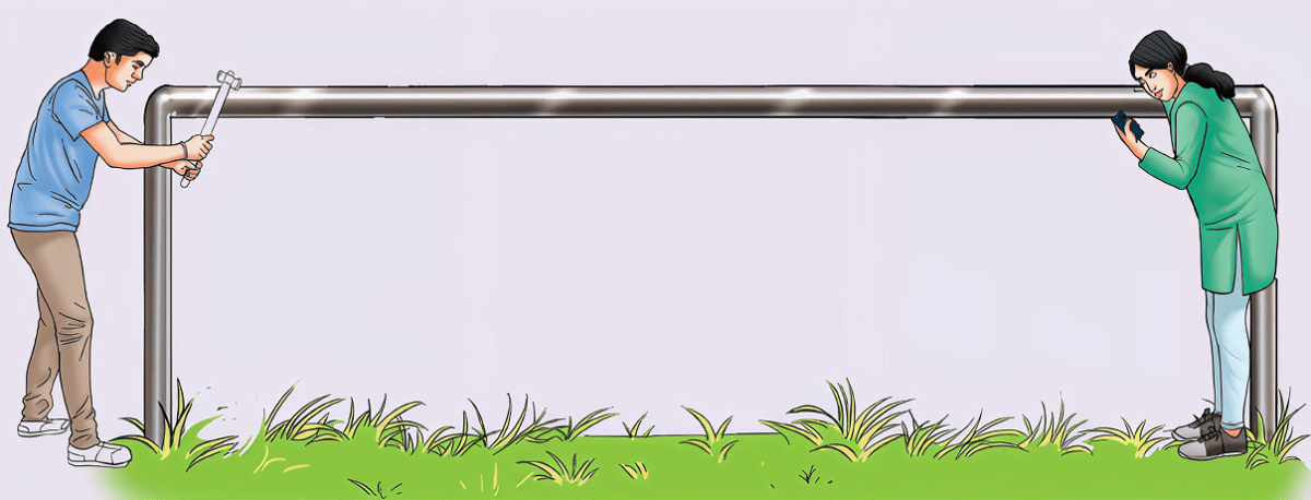 Two friends are standing along a steel fence at a distance of 340 m from each other (Fig. 10.23). Gunjan places her ear over the fence and her friend knocks the fence with a metal object. Using the values of the speed of sound in steel and air given in Table 10.1, calculate the time difference between the sound that reached Gunjan through the air and the steel. Would it have been possible for her to distinguish between the two sounds? (The time interval between two sounds must be at least 0.1 s to be heard separately.) Sound Waves: Characteristics and Applications, NCERT Class 9 Science CBSE Solutions.