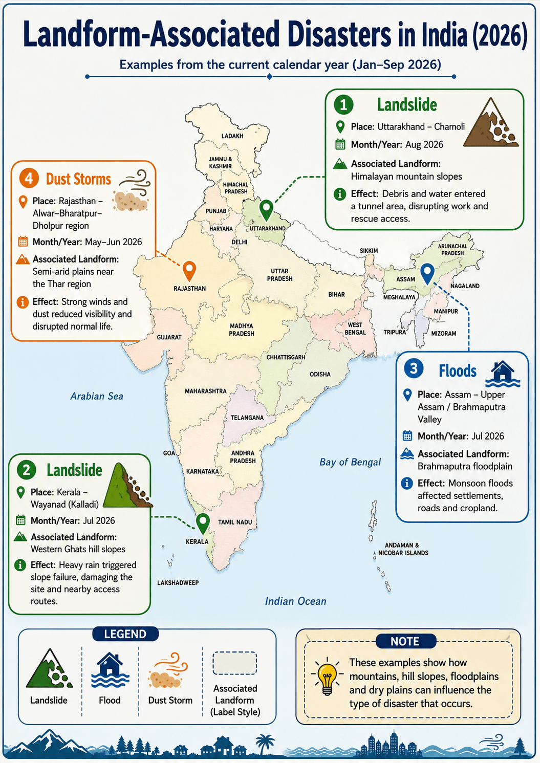Prepare a map showing landform-associated disasters that happened in the current calendar year. Shaping of the Earth's Surface, CBSE Class 9th NCERT Social Science Solutions.