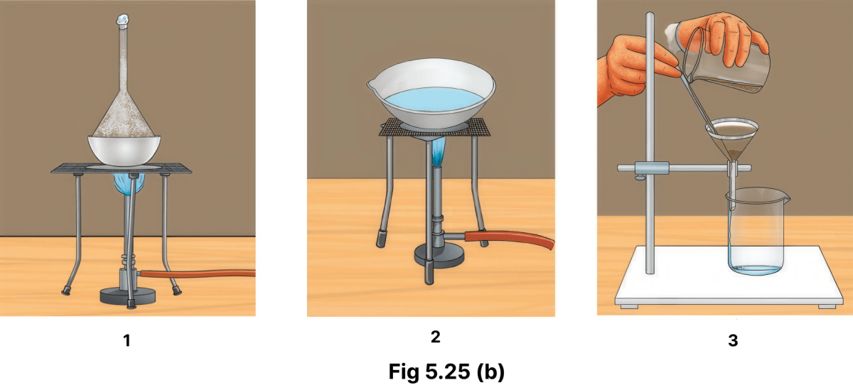 You are given a mixture of sand, common salt and naphthalene (Fig. 5.25a). The Fig. 5.25b depicts various steps used to separate the components of this mixture. Identify and write down the correct sequence of separation techniques. Exploring Mixtures and their Separation, NCERT Class 9 Science CBSE Solutions.