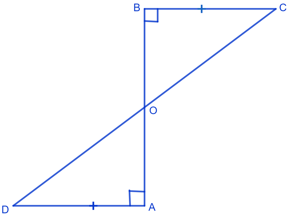 AD and BC are equal, perpendiculars to a line segment AB. Show that CD bisects AB. NCERT Class 9 Mathematics CBSE Solutions.