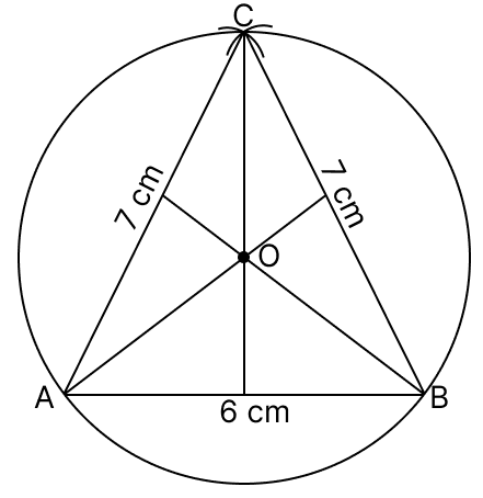 Draw ΔABC, with AB = 6 cm, BC = 7 cm and CA = 7 cm. Draw the circumcircle of ΔABC. Let the circumcentre be O. Measure OA, OB, OC. I’m Up and Down, and Round and Round, Solutions for Class 9 NCERT Ganita Manjari Mathematics CBSE