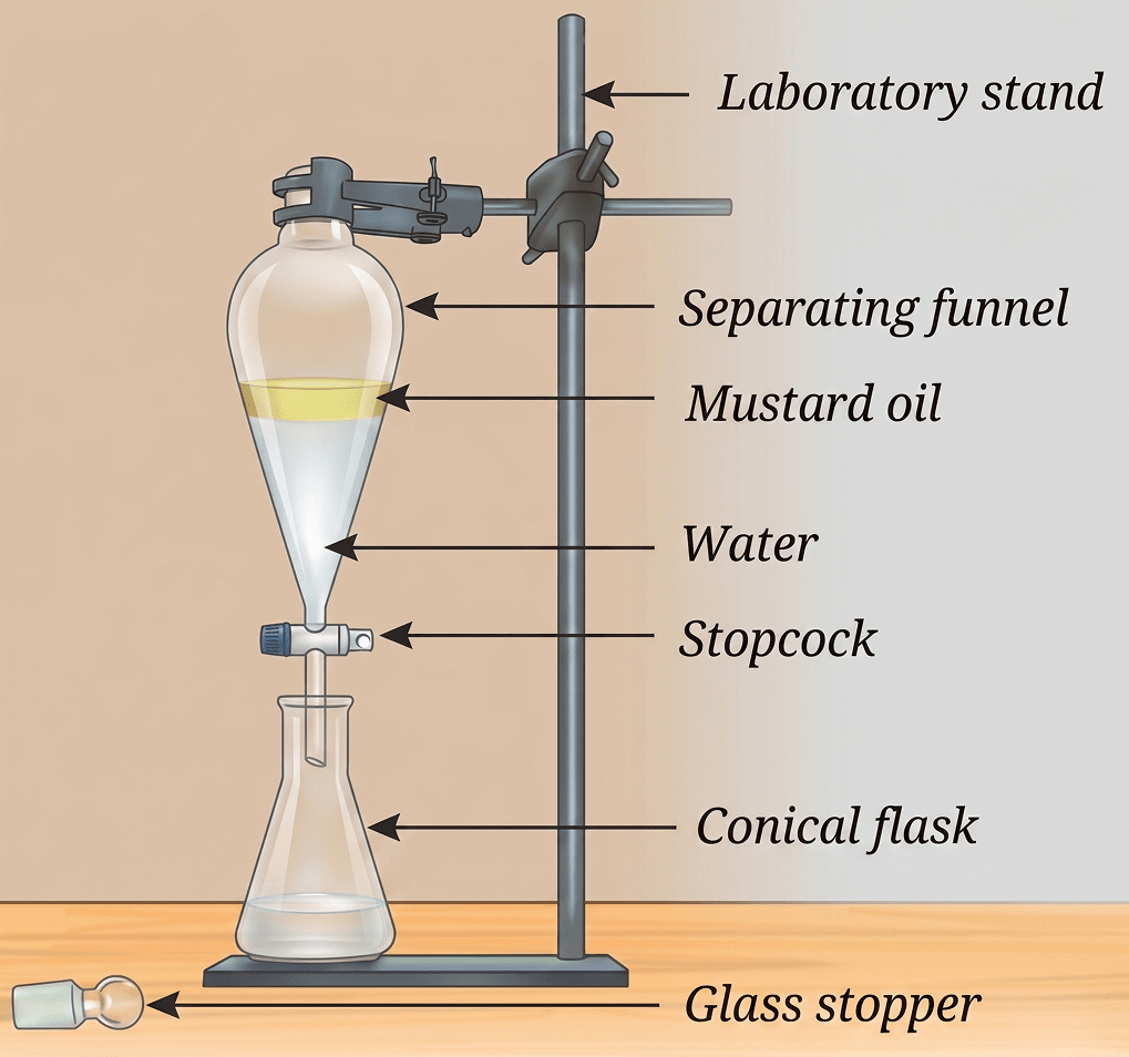The label on a cooking oil pack says one litre (910 g). If this oil is mixed with water, will it form a separate layer? If so, which substance will be on top? How will you separate the two layers? Also, draw the diagram of the apparatus used. Exploring Mixtures and their Separation, NCERT Class 9 Science CBSE Solutions.