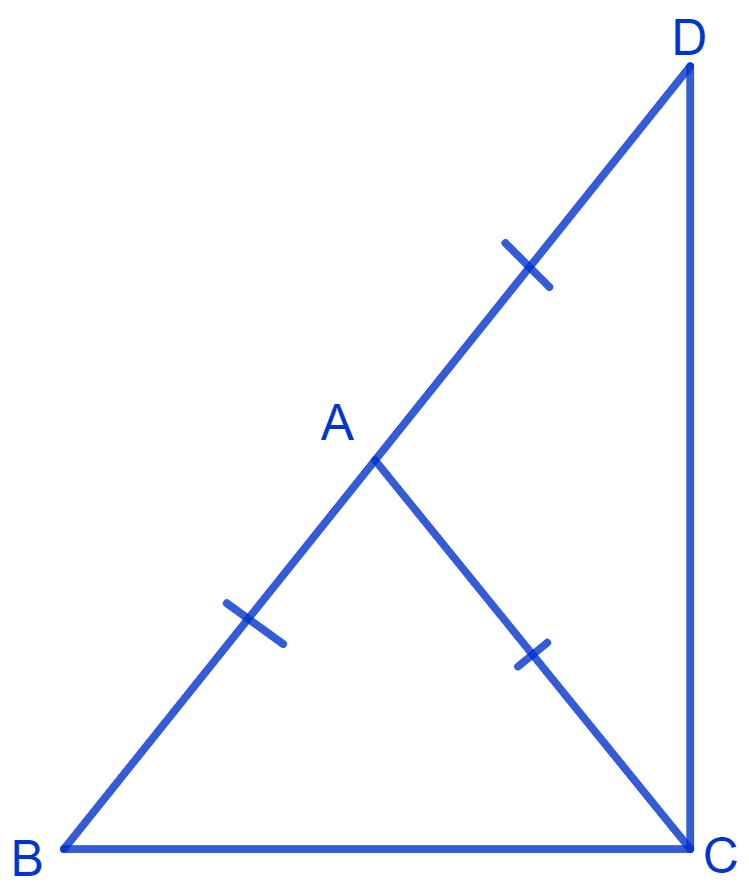 Δ ABC is an isosceles triangle in which AB = AC. Side BA is produced to D such that AD = AB. Show that ∠BCD is a right angle. NCERT Class 9 Mathematics CBSE Solutions.