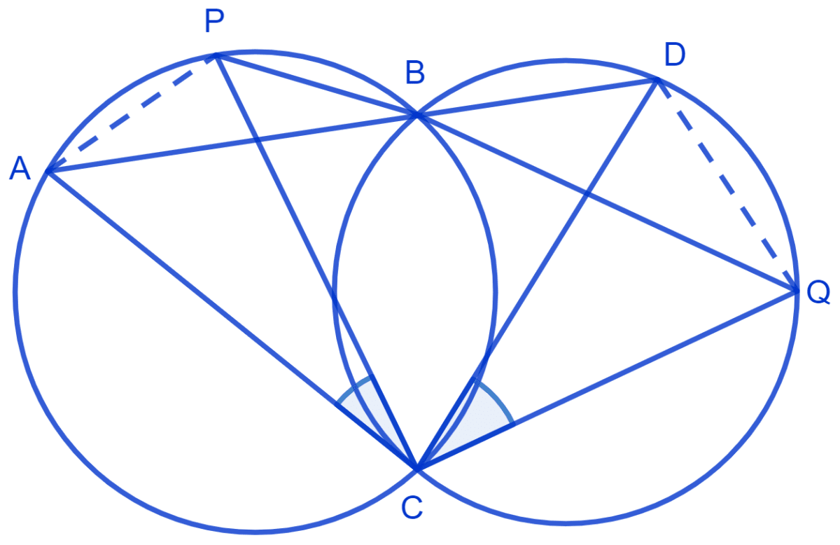 Two circles intersect at two points B and C. Through B, two line segments ABD and PBQ are drawn to intersect the circles at A, D and P, Q respectively. Prove that ∠ACP = ∠QCD. NCERT Class 9 Mathematics CBSE Solutions.