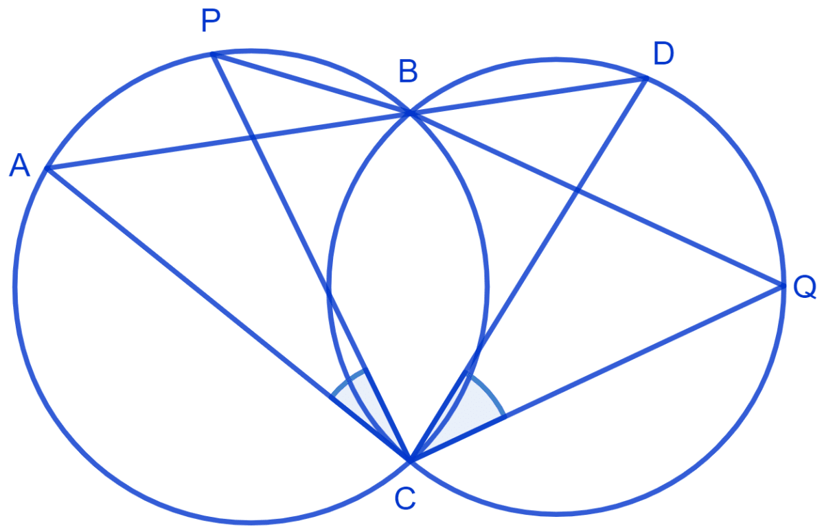 Two circles intersect at two points B and C. Through B, two line segments ABD and PBQ are drawn to intersect the circles at A, D and P, Q respectively. Prove that ∠ACP = ∠QCD. NCERT Class 9 Mathematics CBSE Solutions.