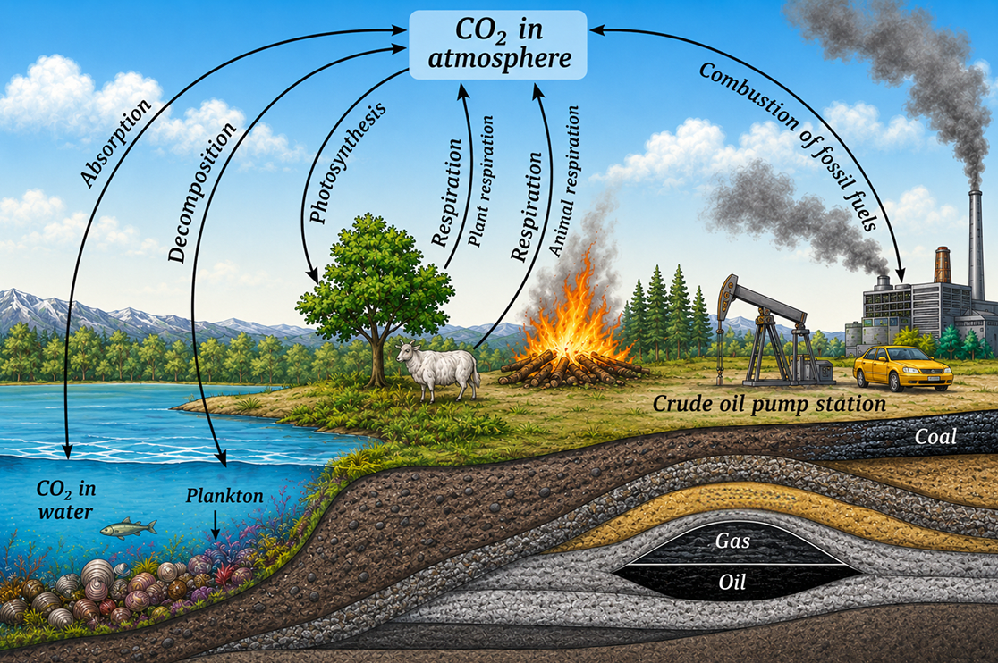 Explain with suitable diagram the path that carbon takes to go back to the atmosphere. You may start from plants using CO<sub>2</sub> from the atmosphere. Earth as a System: Energy, Matter, and Life, NCERT Class 9 Science CBSE Solutions.