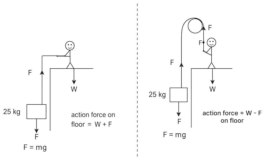 A 25 kg block is raised by a 50 kg man in two different ways, as shown. What is the action on the floor by the man in the two cases? If the floor yields to a normal force of 700 N, which mode should the man adopt to lift the block without yielding of the floor? (g = 9.8 ms -2 ). Laws of Motion, Solutions for Class 11 ISC Nootan Physics Kumar Mittal Nageen Prakashan