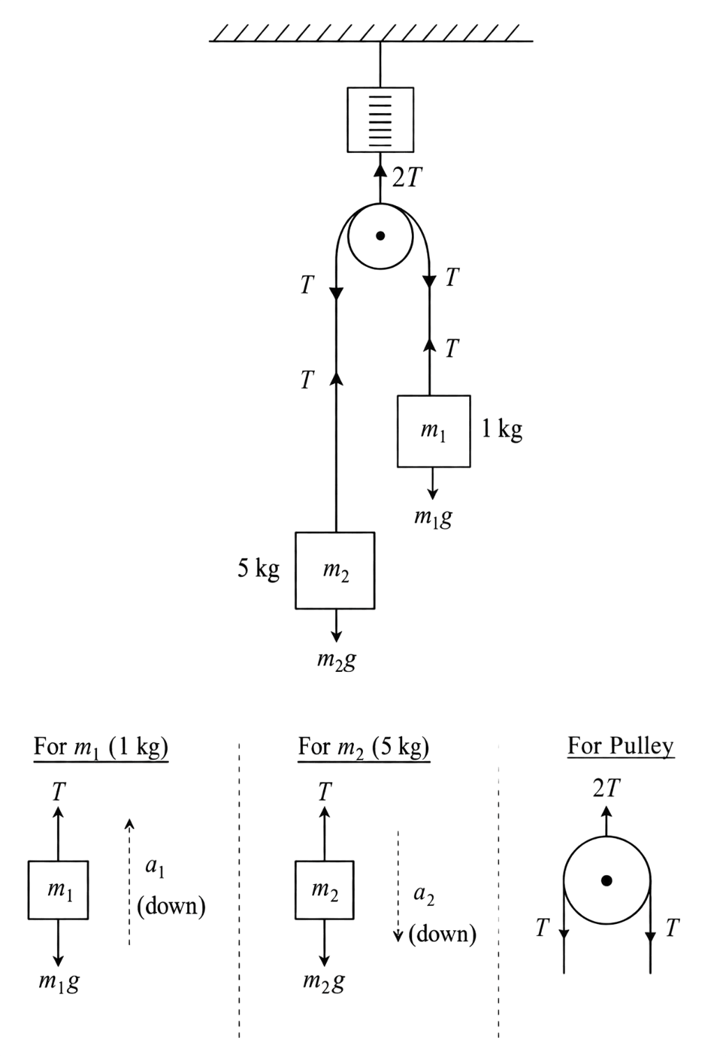 The figure shows a massless, frictionless pulley hanging by a spring-balance. The free ends of a cord passing over the pulley carry 1 kg and 5 kg weights which move under the action of gravity. Will the spring-balance read 6 kg-wt or less than 6 kg-wt or more than 6 kg-wt during the motion of the weights? Laws of Motion, Solutions for Class 11 ISC Nootan Physics Kumar Mittal Nageen Prakashan