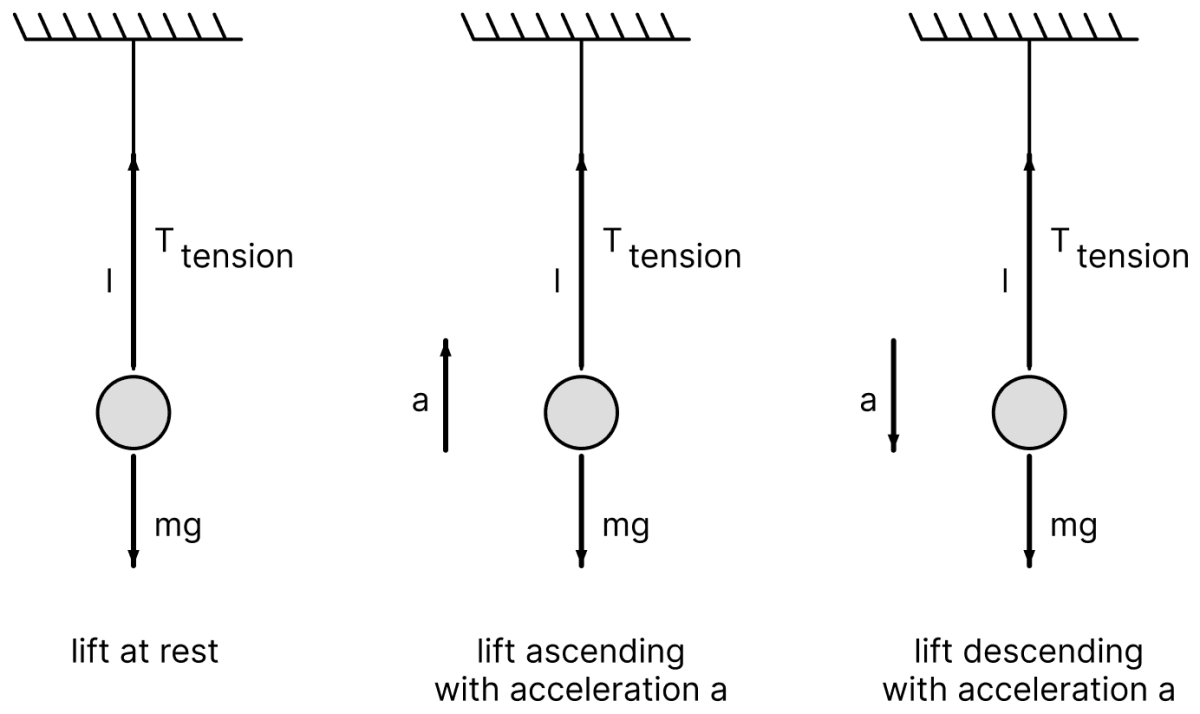 A simple pendulum is suspended in a stationary lift. Its period of oscillation is T. How is its period of oscillation affected if (i) the lift is ascending with an acceleration a? (ii) the lift is descending with the acceleration a? Oscillations, Solutions for Class 11 ISC Nootan Physics Kumar Mittal Nageen Prakashan
