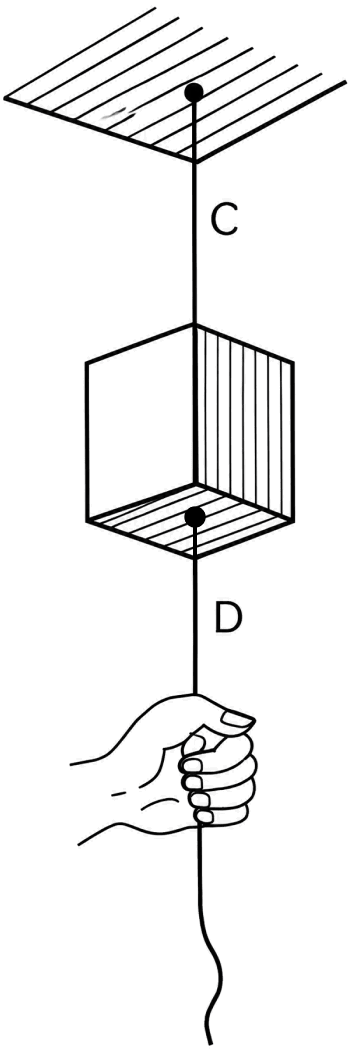 A block of mass M is suspended by a light cord C from the ceiling and another stronger cord D is attached to the bottom of the block as shown in figure. The cord D is pulled down by a force T. What will be the tension in the cord C? If the tension T in D is increased steadily, the cord C breaks; why? If, however, a sudden jerk is given to D, then D breaks rather C; why? Laws of Motion, Solutions for Class 11 ISC Nootan Physics Kumar Mittal Nageen Prakashan
