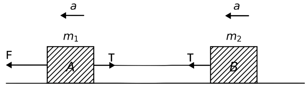 Two bodies of masses 10 kg and 20 kg respectively kept on a smooth, horizontal surface are tied to the ends of a light string. A horizontal force F = 600 N is applied to (i) A, (ii) B along the direction of string. What is the tension in the string in each case? Laws of Motion, Solutions for Class 11 ISC Nootan Physics Kumar Mittal Nageen Prakashan