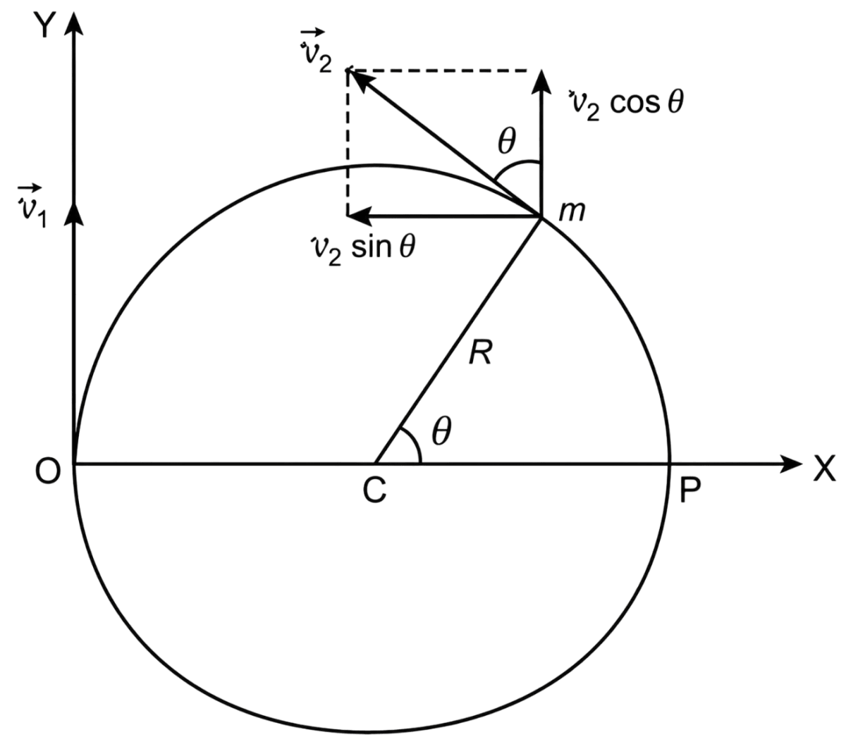 A man at the origin O starts moving with a constant velocity vec text v_1 along + Y-axis. At the same instant, a particle of mass m starts moving from point P with a uniform velocity vec text v_2 along a circle of radius R, as shown. Find the linear momentum of the particle with respect to the man as a function of time t. Work Energy Power, Solutions for Class 11 ISC Nootan Physics Kumar Mittal Nageen Prakashan