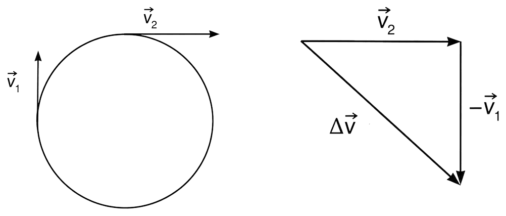 The velocity of a particle moving on a circular path is 5 cm/s towards north at any instant. After traversing one-fourth of the path its velocity is 5 cm/s towards east. Indicate the change in velocity in a vector diagram. Motion in a Plane, Solutions for Class 11 ISC Nootan Physics Kumar Mittal Nageen Prakashan