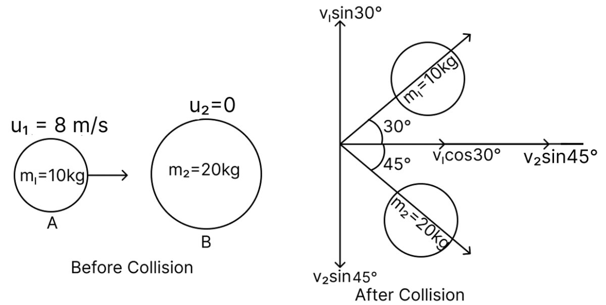 A 10 kg ball A moving at a speed of 8.0 ms -1 collides with a 20 kg ball B initially at rest. After collision, the balls A and B move along directions making angles of 30° and 45° respectively with the initial direction of motion of A. Find the final speeds of the balls A and B. Work Energy Power, Solutions for Class 11 ISC Nootan Physics Kumar Mittal Nageen Prakashan