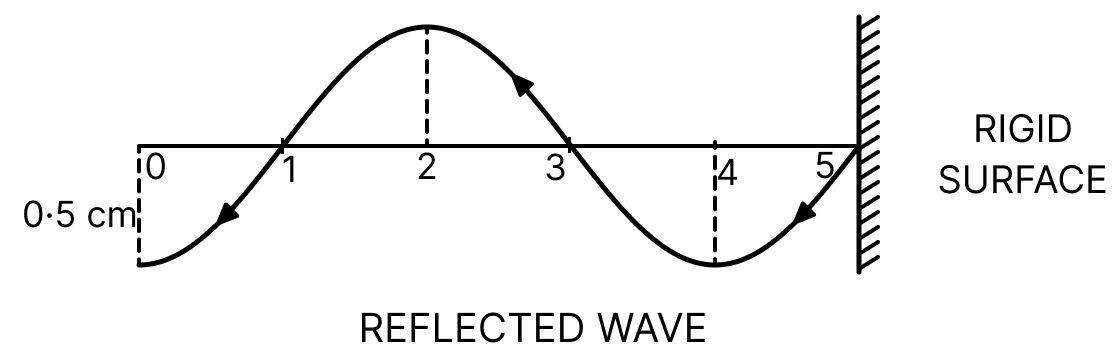 In the figure below is shown a progressive wave (amplitude = 0.5 cm) incident on a hard (rigid) surface. Draw (i) figure of reflected wave, (ii) figure of the resultant wave produced due to superposition of the incident and the reflected waves. Waves, Solutions for Class 11 ISC Nootan Physics Kumar Mittal Nageen Prakashan