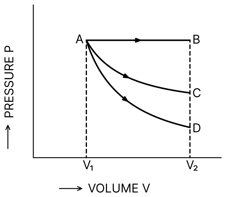 A gas expands from a volume V 1 to V 2 (as shown in figure) in (i) isobaric (ii) isothermal and (iii) adiabatic process. Write which of these processes are denoted by these three curves AB, AC & AD. What does the product P ΔV indicate? For which out of these three processes it is maximum? Thermodynamics Solutions, Solutions for Class 11 ISC Nootan Physics Kumar Mittal Nageen Prakashan