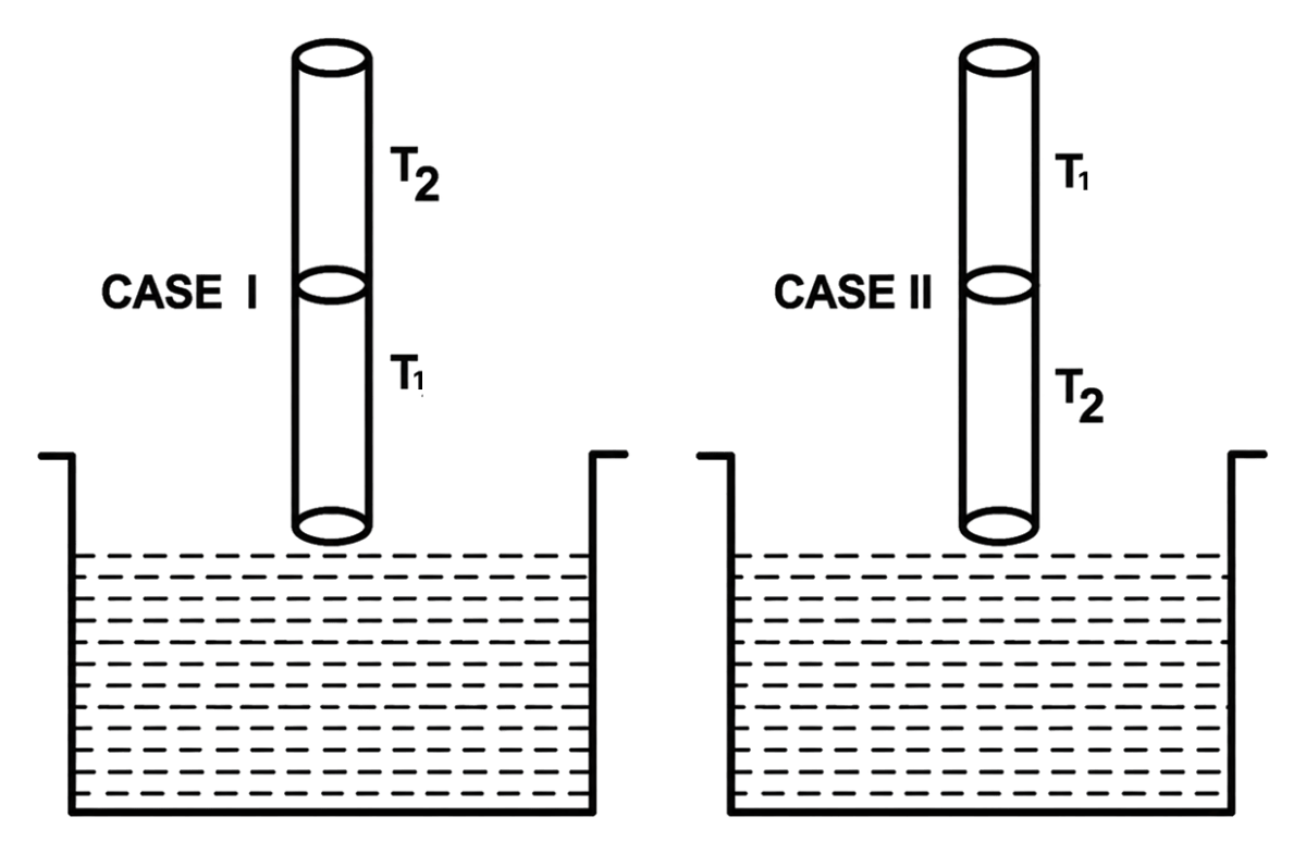 A cylindrical capillary tube of 0.2 mm radius is made by joining two capillaries T 1 and T 2 of different materials having water contact angles of 0° and 60°, respectively. The capillary tube is dipped vertically in water in two different configurations, case I and II as shown in figure. Which of the following option(s) is(are) correct? [Surface tension of water = 0.075 N/m, density of water = 1000 kg/m 3, take g = 10 m/s 2 ]. Mechanical Properties of Fluids, Solutions for Class 11 ISC Nootan Physics Kumar Mittal Nageen Prakashan