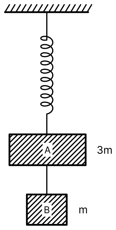 Two blocks A and B of masses 3m and m respectively are connected by a massless and inextensible string. The whole system is suspended by a massless spring as shown in figure. The magnitudes of acceleration of A and B immediately after the string is cut, are respectively:. Oscillations, Solutions for Class 11 ISC Nootan Physics Kumar Mittal Nageen Prakashan