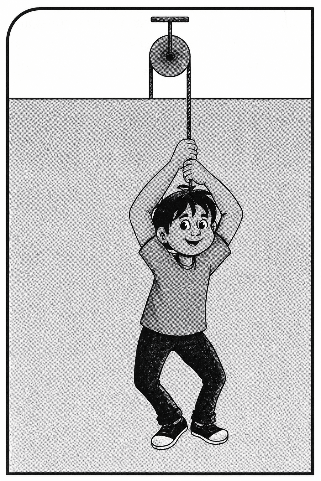 A person of mass 50 kg is standing inside a box of mass 25 kg by keeping a massless inextensible string. The other end of the strong string is passing over a light frictionless pulley P as shown in the diagram. The person manages to remain stationary in the box. What force is applied by him on the rope downwards? Laws of Motion, Solutions for Class 11 ISC Nootan Physics Kumar Mittal Nageen Prakashan