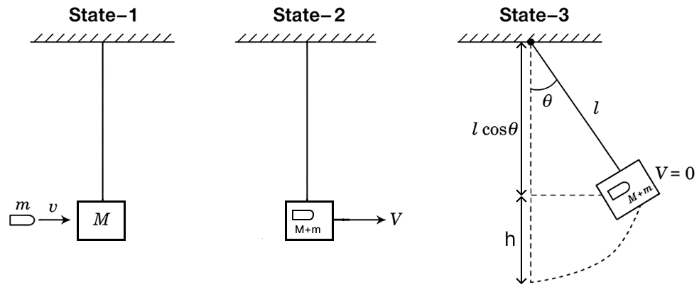A bullet of mass m moving with a horizontal velocity v, strikes a stationary block of mass M suspended by a string of length l. The bullet gets embedded in the block. What is the maximum angle made by the string after impact? Work Energy Power, Solutions for Class 11 ISC Nootan Physics Kumar Mittal Nageen Prakashan