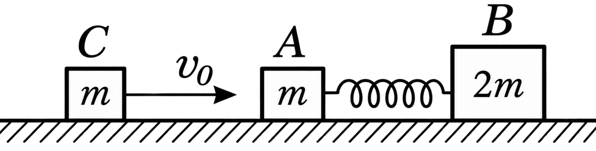 Two bodies A and B of masses m and 2 m respectively are placed on a smooth floor. They are connected by a spring. A third body C of mass m moves with a velocity v 0 along the line joining A and B and collides elastically with A, as shown in the figure. At a time t 0 after the collision, it is found that the instantaneous velocities of A and B are the same and the compression of the spring is x 0. Determine:. Work Energy Power, Solutions for Class 11 ISC Nootan Physics Kumar Mittal Nageen Prakashan