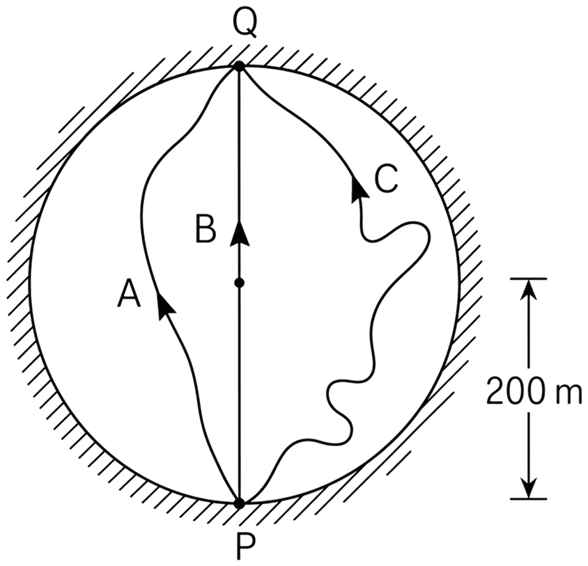Three girls A, B and C skating on a circular ice ground of radius 200 m start from a point P on the edge of the ground and reach a point Q diametrically opposite to P, following different paths, as shown. What is the magnitude of the displacement vector for each girl? For which girl is this equal to the actual length of path skated? Motion in a Plane, Solutions for Class 11 ISC Nootan Physics Kumar Mittal Nageen Prakashan