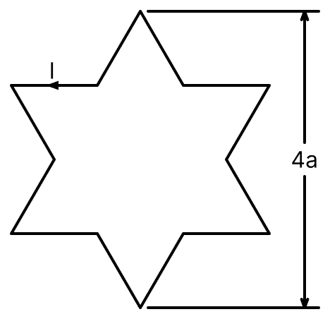 A symmetric star shaped conducting wire loop is carrying a steady state current I as shown in the figure. The distance between the diametrically opposite vertices of the star is 4a. The magnitude of the magnetic field at the centre of the loop is:. Moving Charges and Magnetic Field, Nootan Physics Solutions ICS Class 12