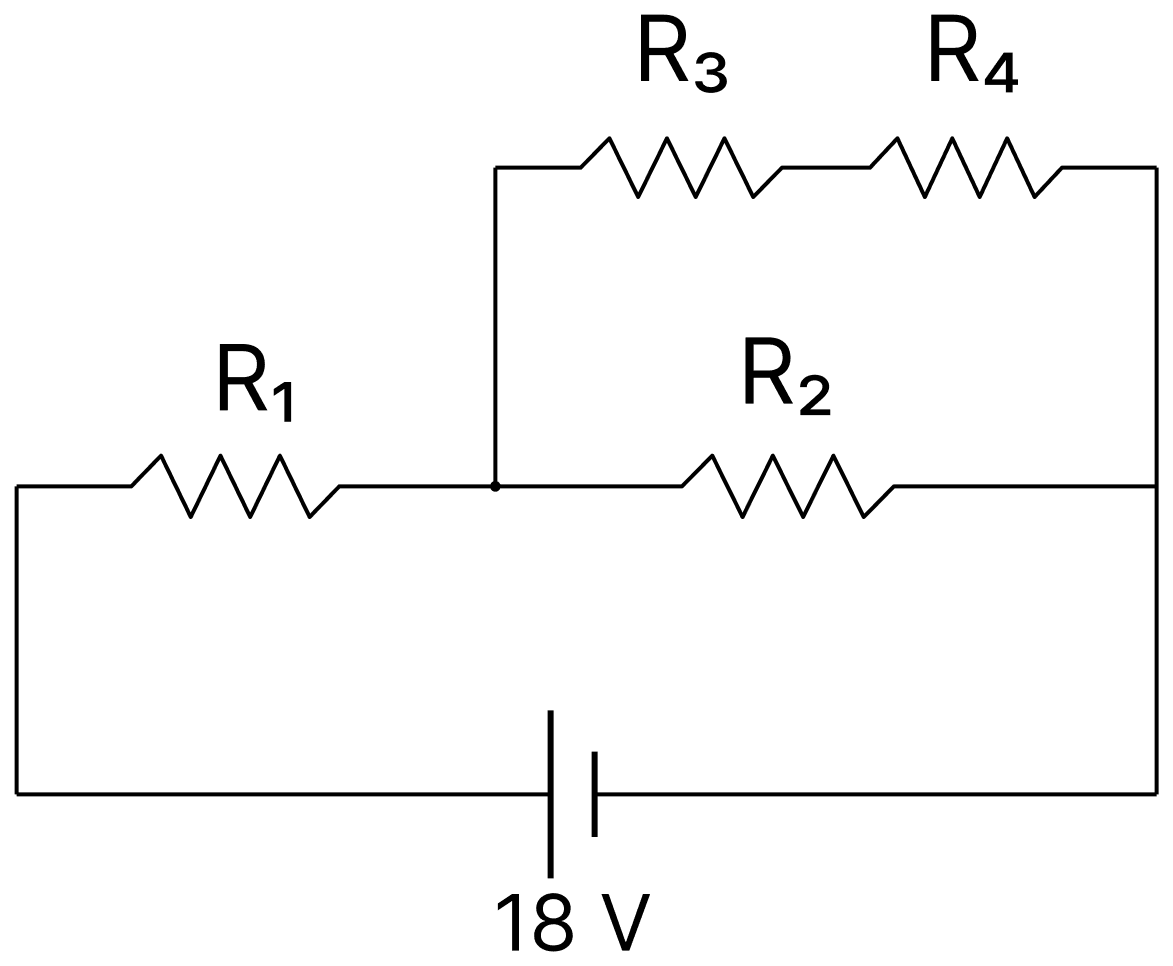 In the given circuit, the internal resistance of the 18 V cell is negligible. If R 1 = 400 &Omega;, R 3 = 100 &Omega; and R 4 = 500 &Omega; and the reading of an ideal voltmeter across R 4 is 5 V, then the value of R 2 will be:. DC Circuits and Measurements, Nootan Physics Solutions ICS Class 12