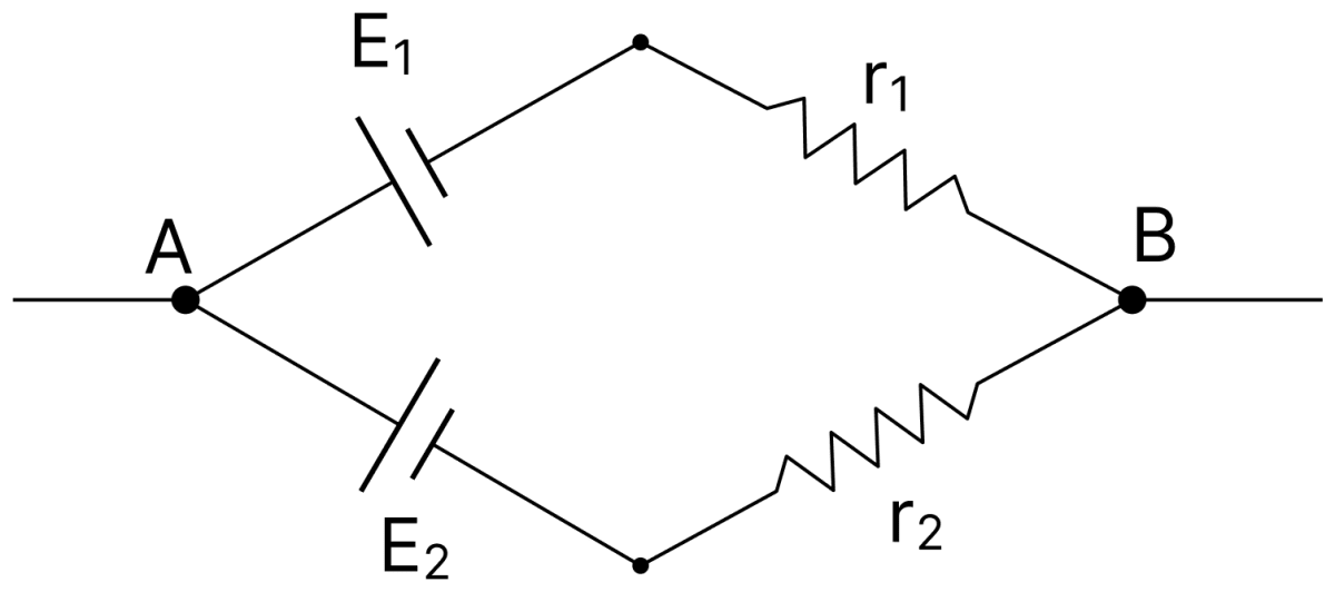 Two batteries of emf E 1 and E 2 (E 2 > E 1 ) and internal resistances r 1 and r 2 respectively are connected in parallel as shown in the figure. DC Circuits and Measurements, Nootan Physics Solutions ICS Class 12