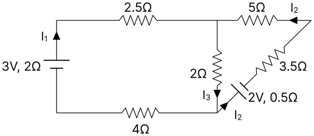 For the given electrical circuit, calculate the current through each branch using Kirchhoffs laws. DC Circuits and Measurements, Nootan Physics Solutions ICS Class 12