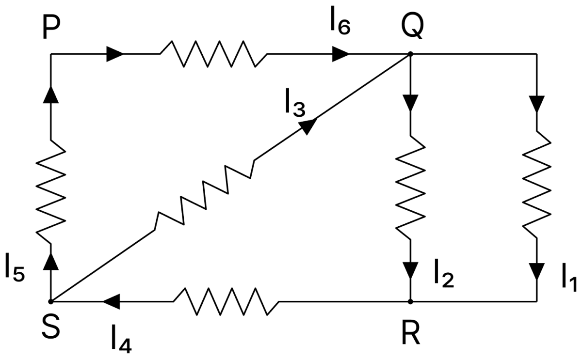In the given circuit diagram, the currents I 1 = &minus; 0.3 A, I 4 = 0.8 A and I 5 = 0.4 A, are flowing as shown. The currents I 2, I 3 and I 6 respectively, are:. DC Circuits and Measurements, Nootan Physics Solutions ICS Class 12