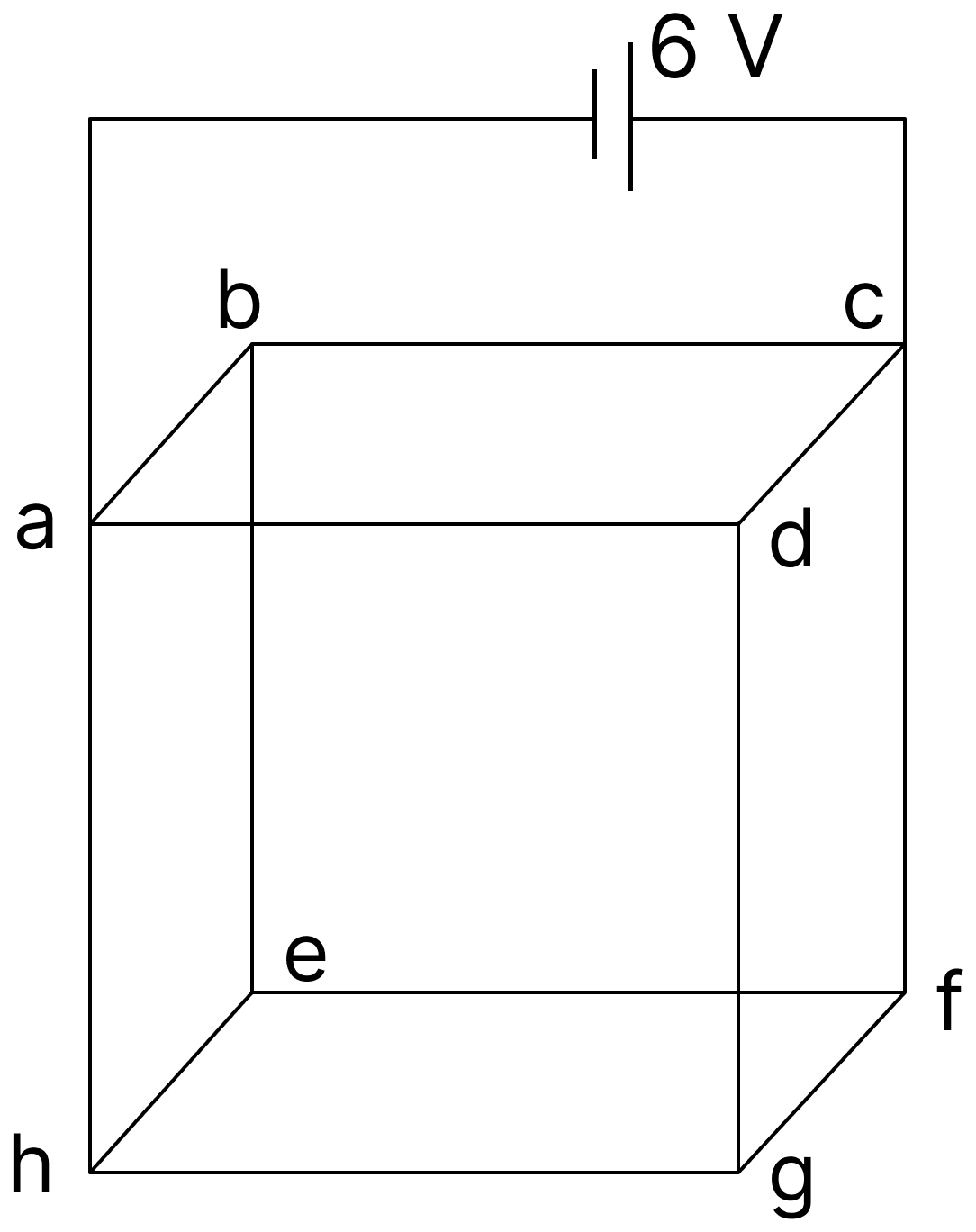 Twelve wires each having resistance 2&Omega; are joined to form a cube. A battery of 6 V emf is joined across points a and c. The voltage difference between e and f is............... V. DC Circuits and Measurements, Nootan Physics Solutions ICS Class 12
