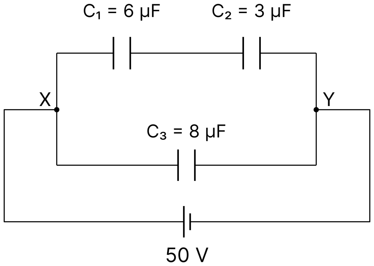 Three capacitors C 1 = 6 &micro;F, C 2 = 3 &micro;F and C 3 = 8 &micro;F are connected to a 50 V battery as shown in figure given below. Calculate:. Capacitors Dielectrics, Nootan Physics Solutions ICS Class 12
