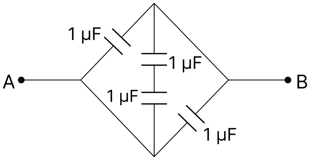 The equivalent capacitance of the capacitors shown in the figure across A and B is:. Capacitors Dielectrics, Nootan Physics Solutions ICS Class 12