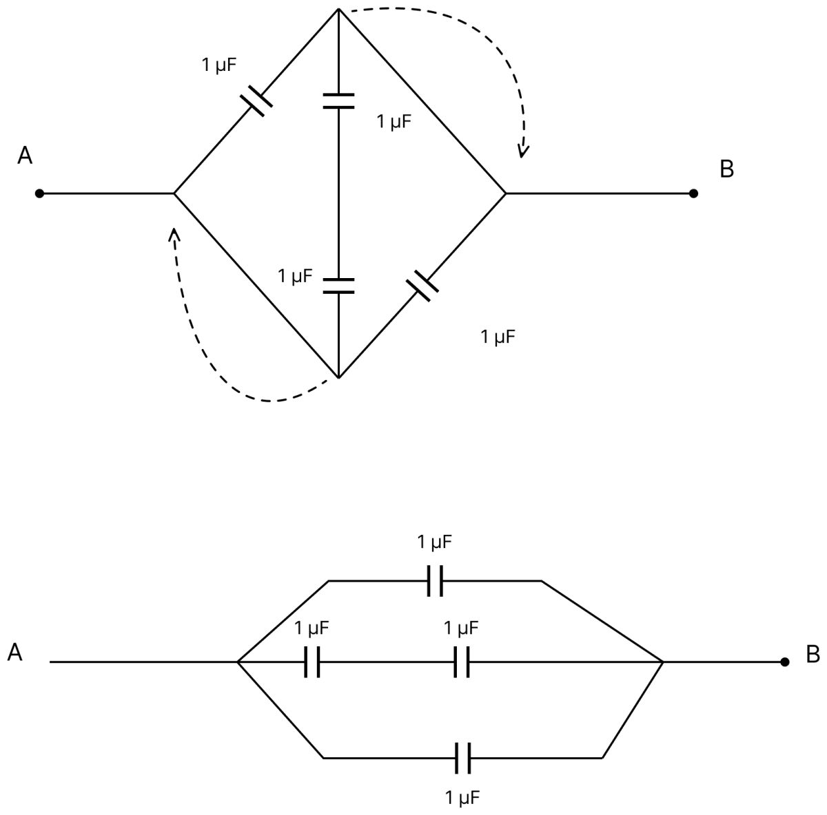 The equivalent capacitance of the capacitors shown in the figure across A and B is:. Capacitors Dielectrics, Nootan Physics Solutions ICS Class 12