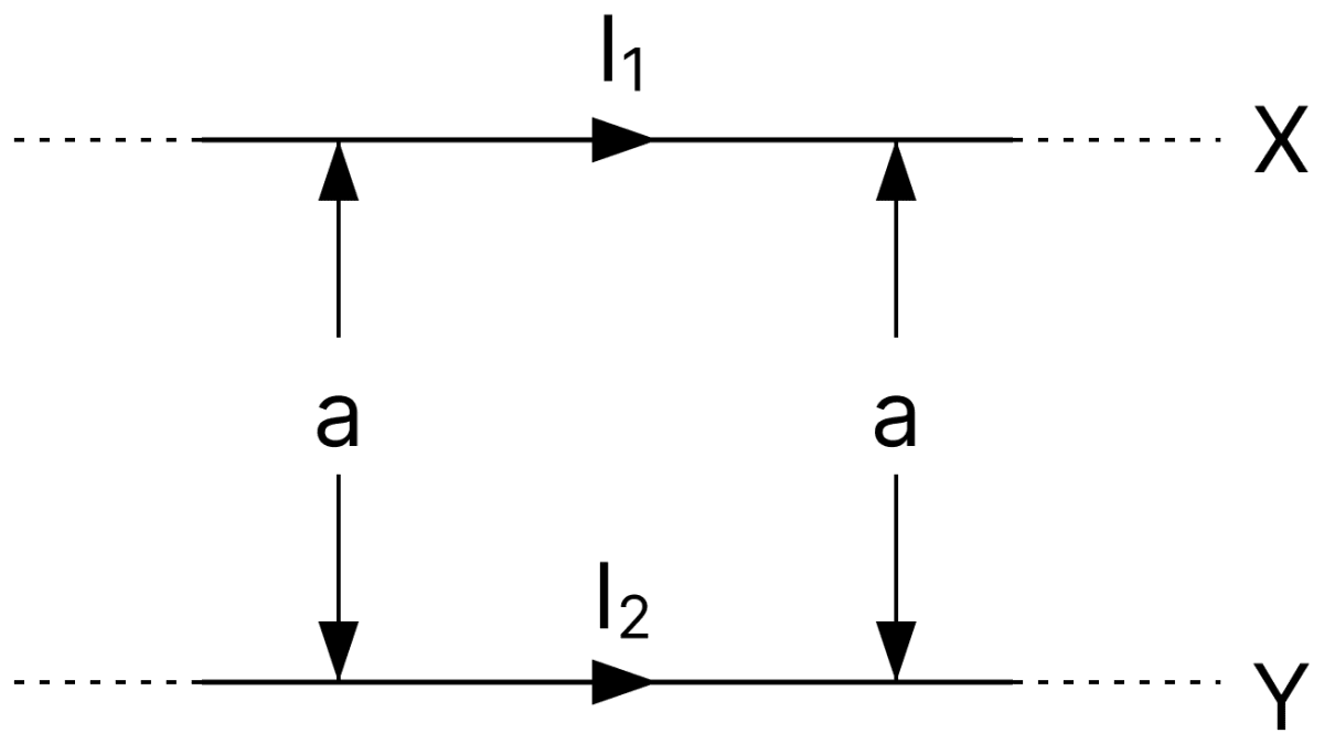 Figure shows two infinitely long and thin current-carrying conductors X and Y kept in vacuum, parallel to each other, at a distance a. Moving Charges and Magnetic Field, Nootan Physics Solutions ICS Class 12