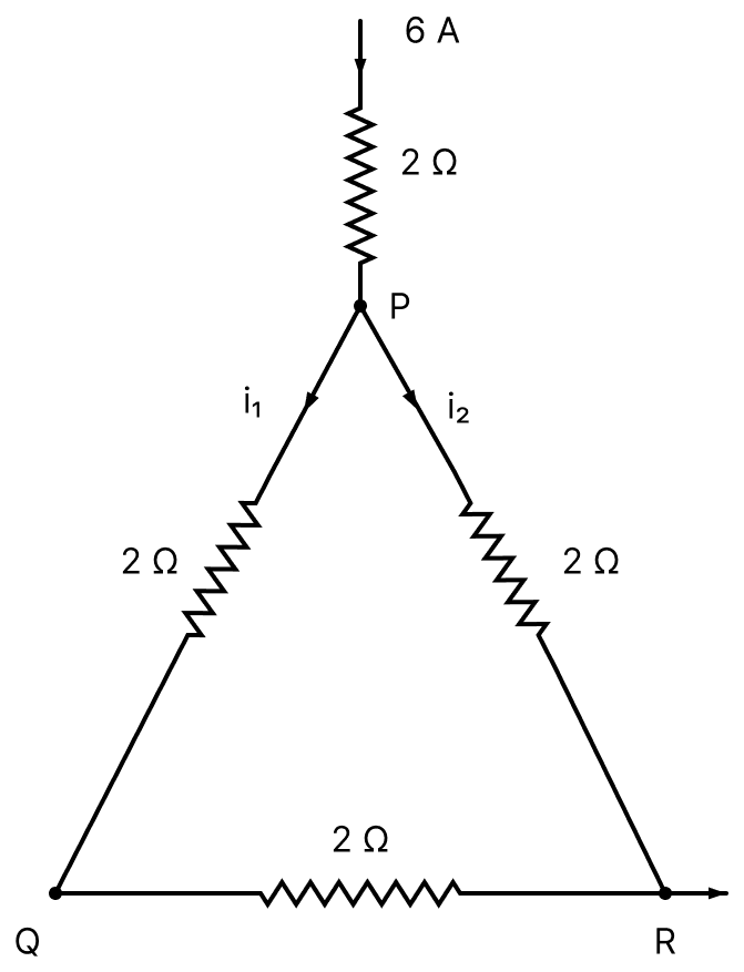 A current of 6 A enters one corner P of an equilateral triangle PQR having three wires of resistance 2Ω each and leaves by the corner R. The current i 1 in ampere is................ Electric Resistance and Ohm's Law, Nootan Physics Solutions ICS Class 12